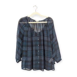 Joie Vorda Black & Blue Silk Plaid Semi Sheer Button Front Blouse